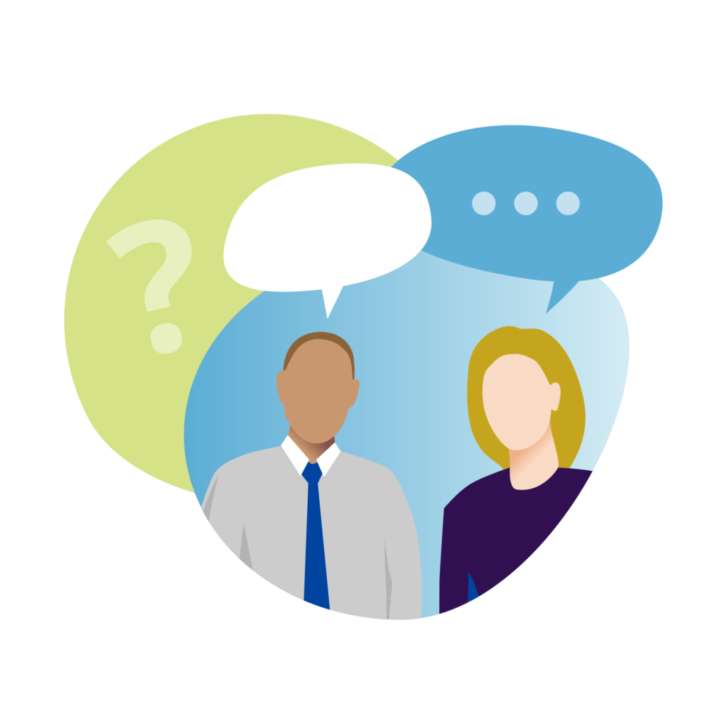 illustration of two people talking and thinking, with a question mark